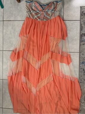 Coral Strapless Maxi Dress with Embroidered Bust